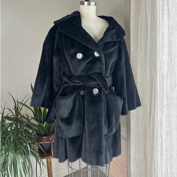 Far Otta Dell Mann Women's Large Coat Black Faux Fur Swing Belted Vintage - Picture 1 of 6